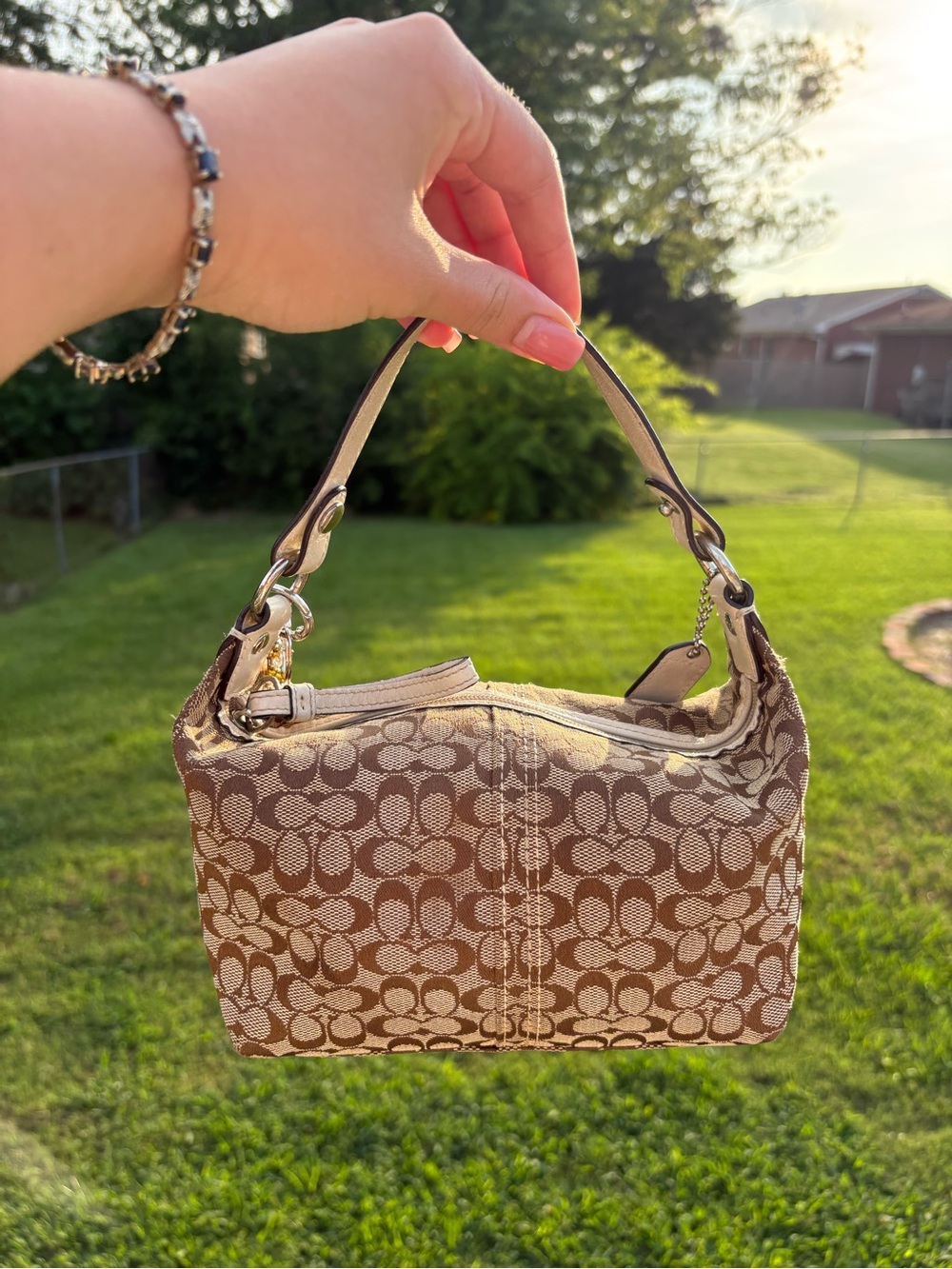 Coach Brown Signature Jacquard Mini Shoulder Bag with Charm - Picture 2 of 7